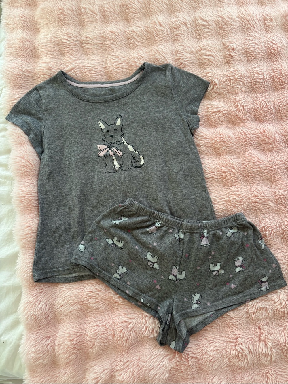 Girls' Gray Dog Short Pajama Set - Cute Printed Sleepwear